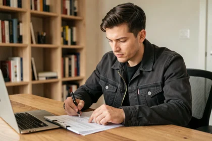 Homme lisant un contrat d'assurance moto à son bureau à domicile avant de signer