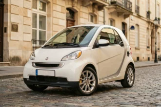 Voiture sans permis compacte garée dans une rue pavée de Metz avec des façades historiques en arrière-plan