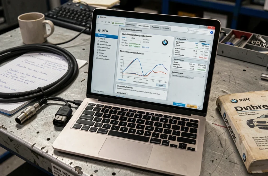 Écran d'ordinateur affichant l'interface du logiciel INPA pour le diagnostic BMW avec des codes de défaut et des données de capteurs