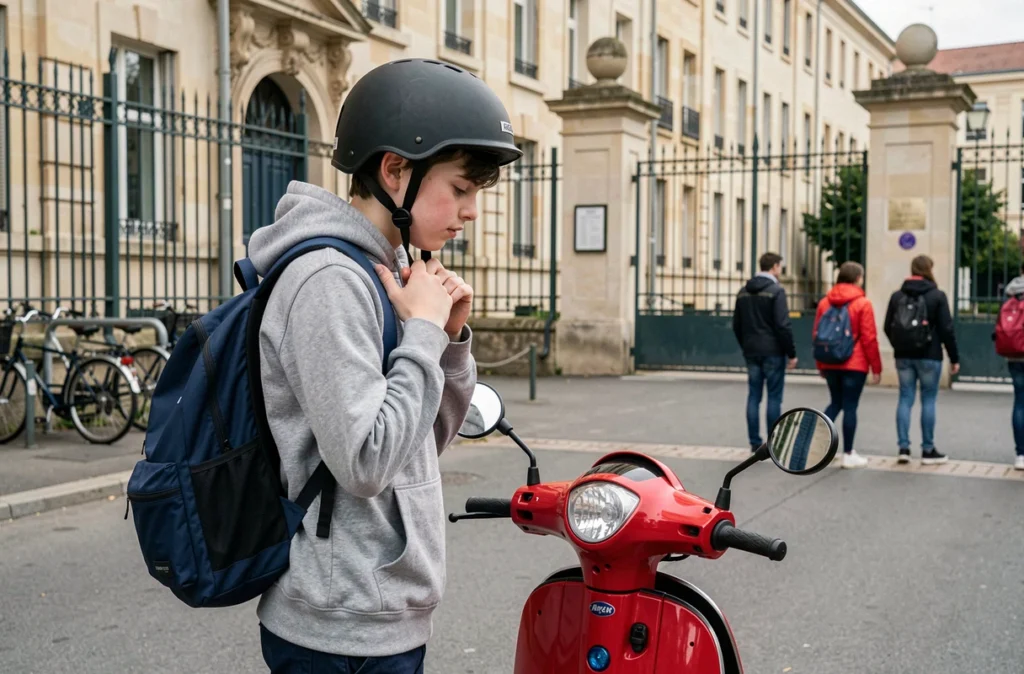 Lycéen attachant son casque de scooter 50cc devant l'entrée d'un lycée français