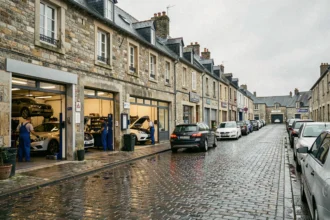 Vue d'ensemble des garages automobiles du Morbihan avec mécaniciens au travail dans des ateliers ouverts sur rue pavée bretonne