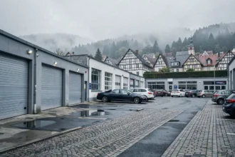 Vue panoramique d'une rue de garages automobiles dans le Grand Est avec des façades professionnelles et une atmosphère alsacienne typique