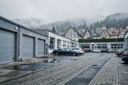 Vue panoramique d'une rue de garages automobiles dans le Grand Est avec des façades professionnelles et une atmosphère alsacienne typique