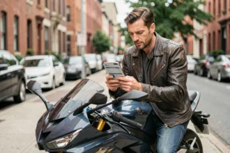 Motard consultant un devis assurance moto sur son smartphone assis sur sa moto en ville