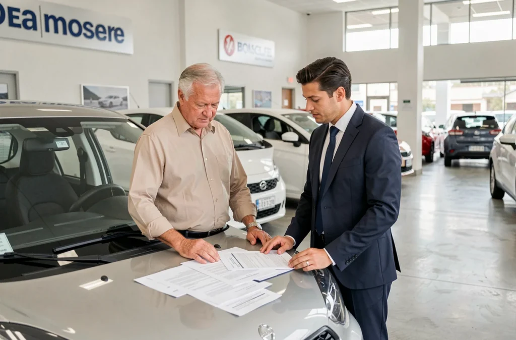 Acheteur et vendeur discutant des documents d'achat d'une voiture sans permis en concession