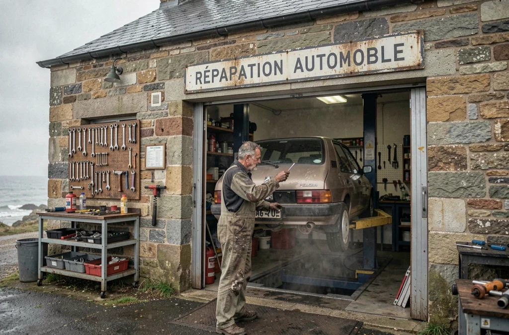 Mécanicien inspectant une voiture sur pont élévateur dans l'atelier de Pénestin Répar Autos dans le Morbihan
