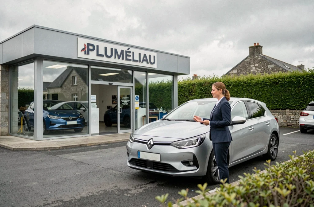 Concession Pluméliau Automobiles avec conseillère commerciale et client devant le showroom dans le Morbihan
