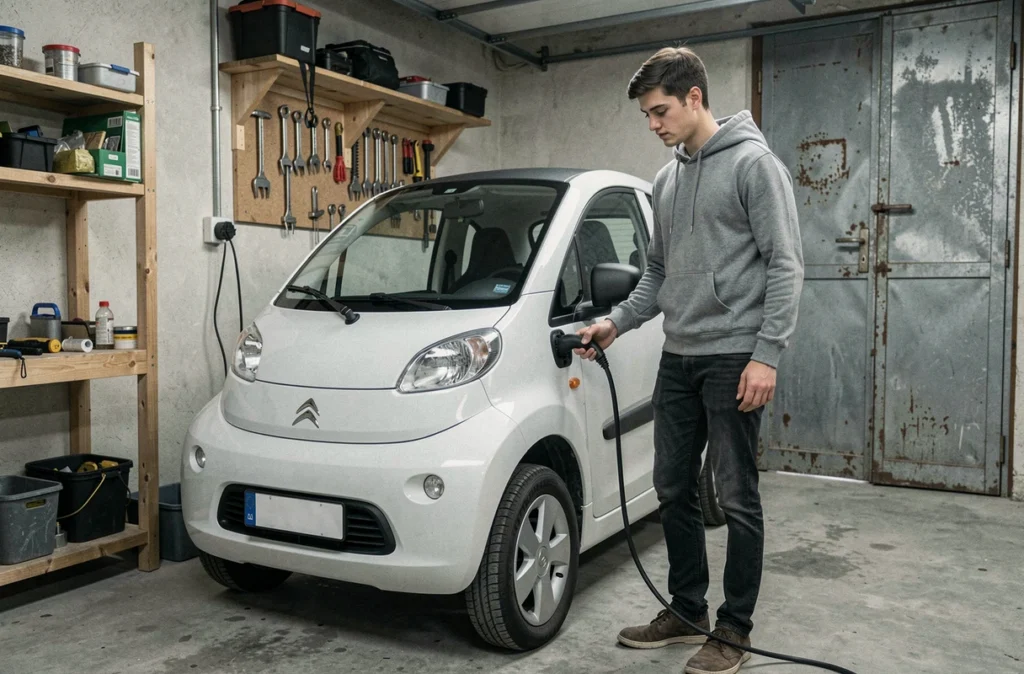 Jeune homme rechargeant une Citroën Ami électrique sans permis dans un garage résidentiel