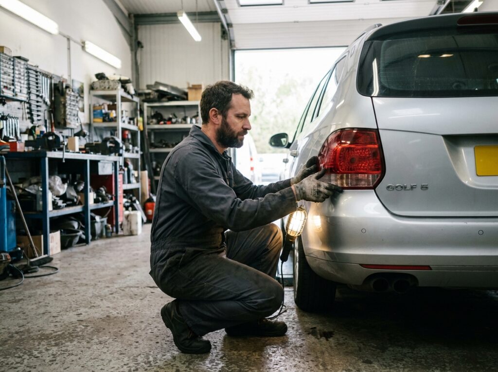 Technicien automobile installant un feu arrière de remplacement sur une Volkswagen Golf 5 dans un garage
