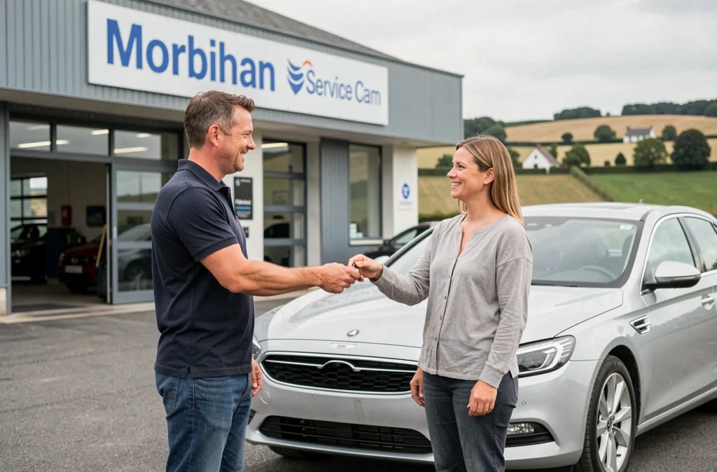 Conseiller de SAS Menguy Auto remettant les clés à une cliente satisfaite devant le garage dans le Morbihan