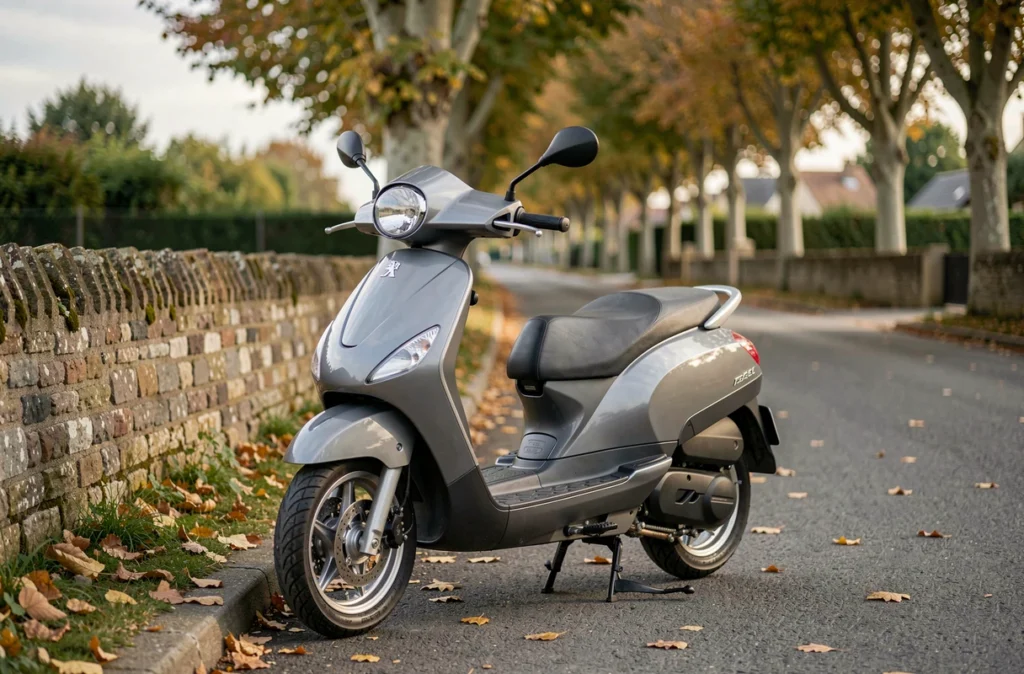 Scooter Peugeot garé sur une route de banlieue française en automne sans conducteur