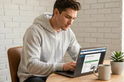 Homme utilisant un simulateur d'assurance scooter sur un ordinateur portable dans un bureau à domicile moderne