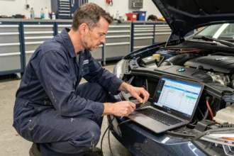 Technicien automobile connectant un câble OBD-II à une BMW dans un garage professionnel avec le logiciel NCSexpert affiché sur un ordinateur portable