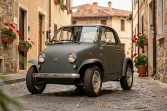Voiture sans permis italienne garée dans une rue pavée d'un village toscan avec façades colorées