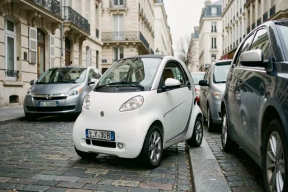 Petite voiture sans permis blanche garée dans une rue pavée urbaine en France
