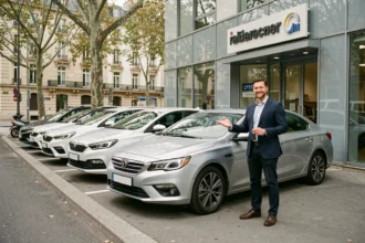 Agent d'une agence de location de voitures en Île-de-France devant une rangée de véhicules disponibles à la location