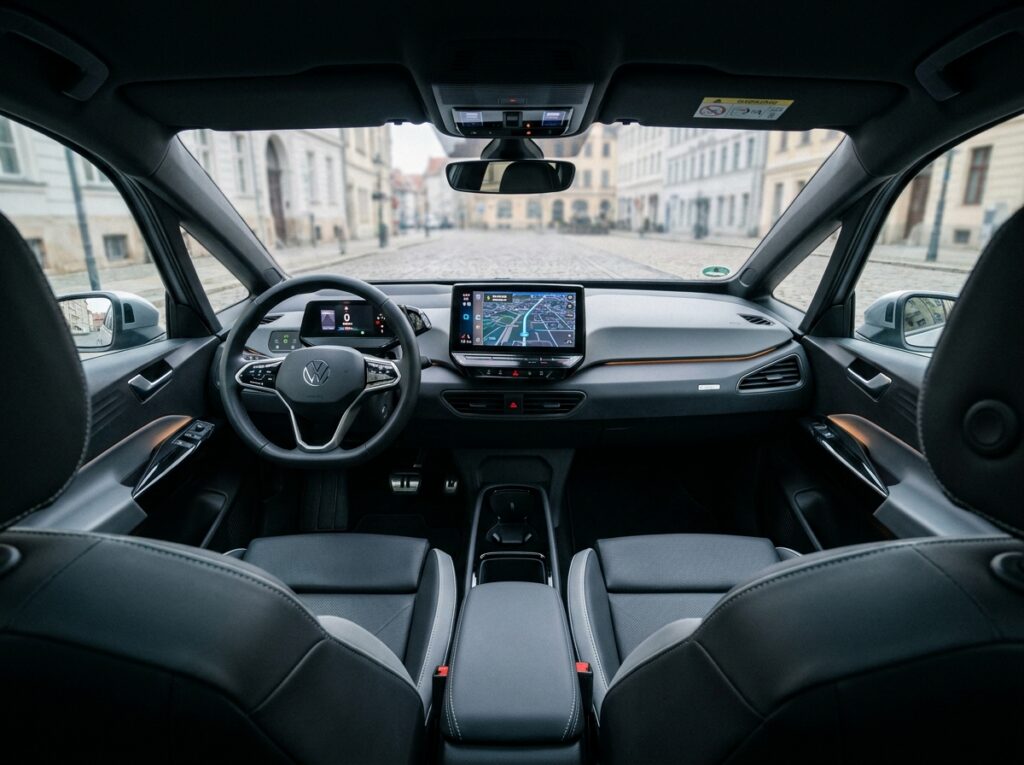 Intérieur moderne d'une voiture électrique compacte avec écran tactile et sièges en cuir synthétique, comparatif 2021