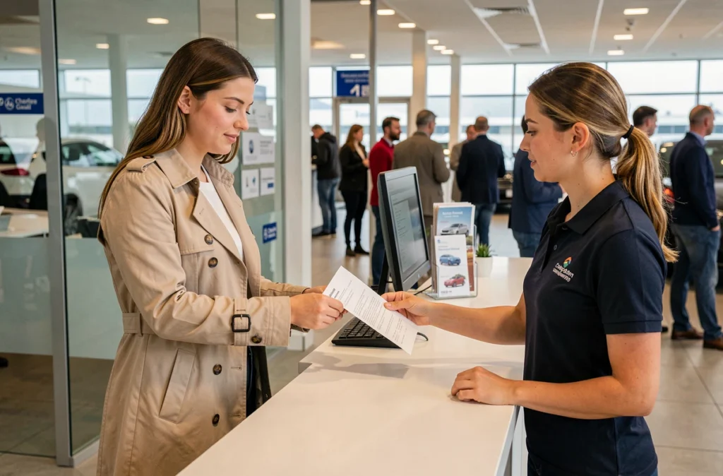 Cliente signant un contrat de location de voiture au comptoir d'une agence en Île-de-France près d'un aéroport parisien