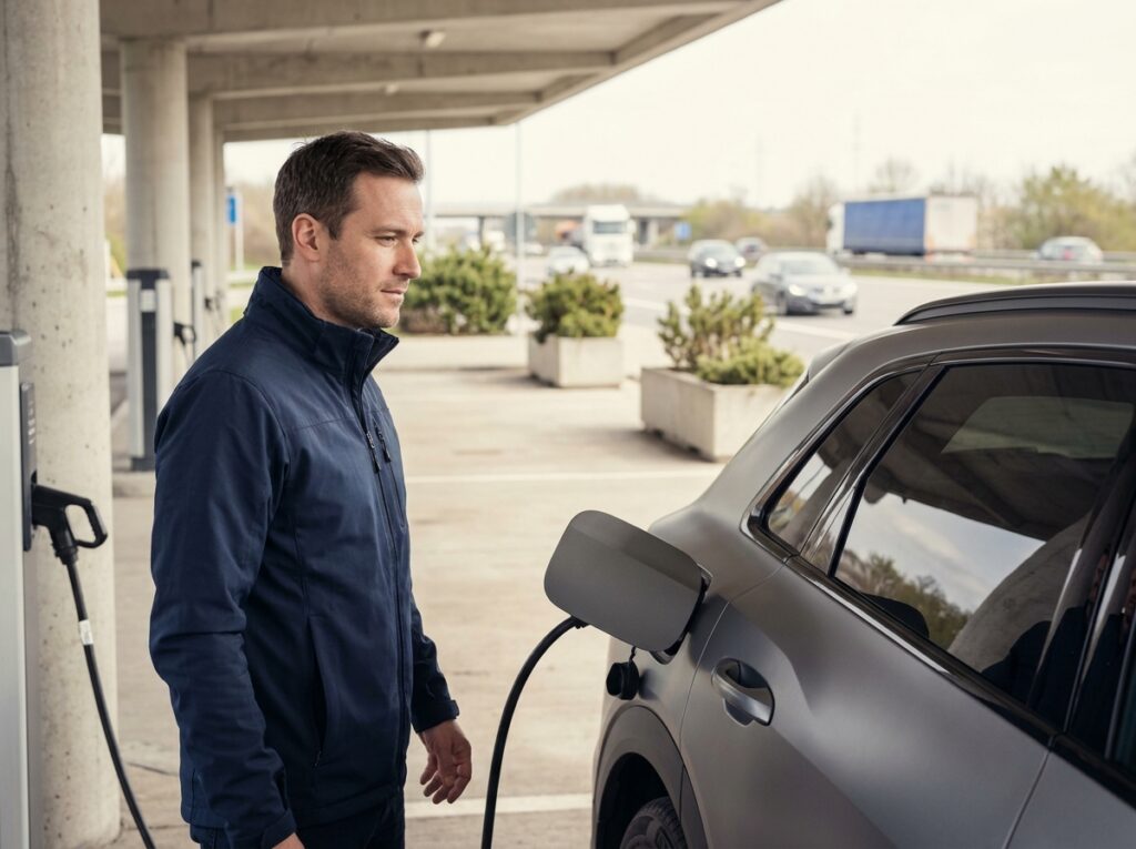 Homme rechargeant un SUV électrique gris mat à une borne de recharge sur autoroute, comparatif voitures électriques 2021