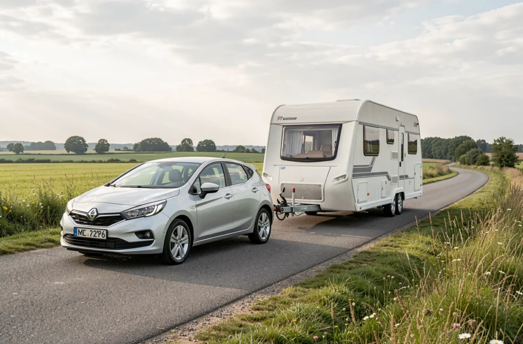Voiture attelée à une caravane sur une route de campagne