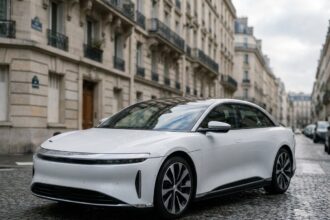 Voiture électrique blanche garée dans une rue parisienne moderne lors d'un comparatif des meilleures voitures électriques 2021