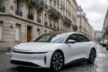 Voiture électrique blanche garée dans une rue parisienne moderne lors d'un comparatif des meilleures voitures électriques 2021